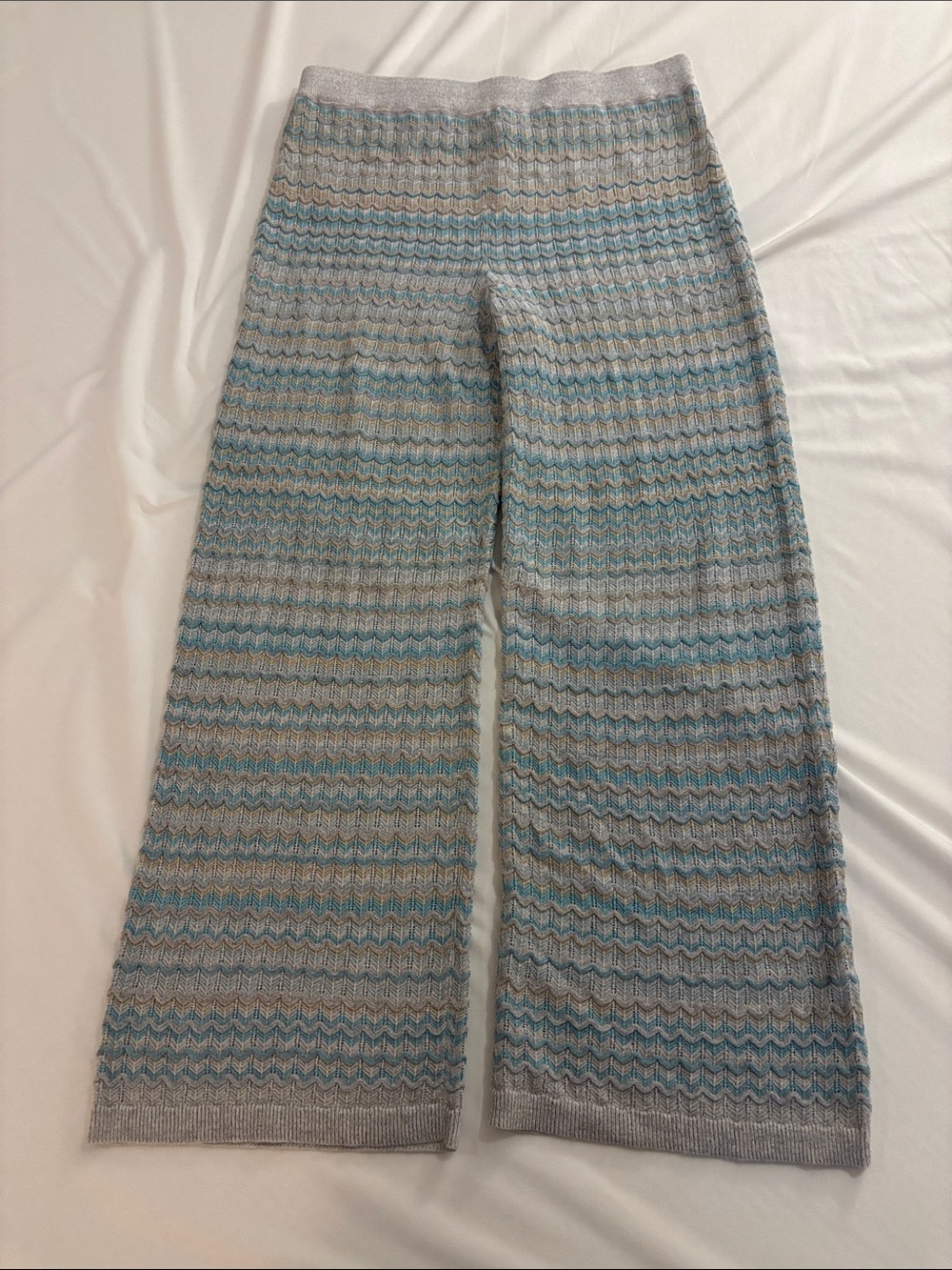 Ann Taylor Striped Wide-Leg Knit Pants in Light Blue & Gray